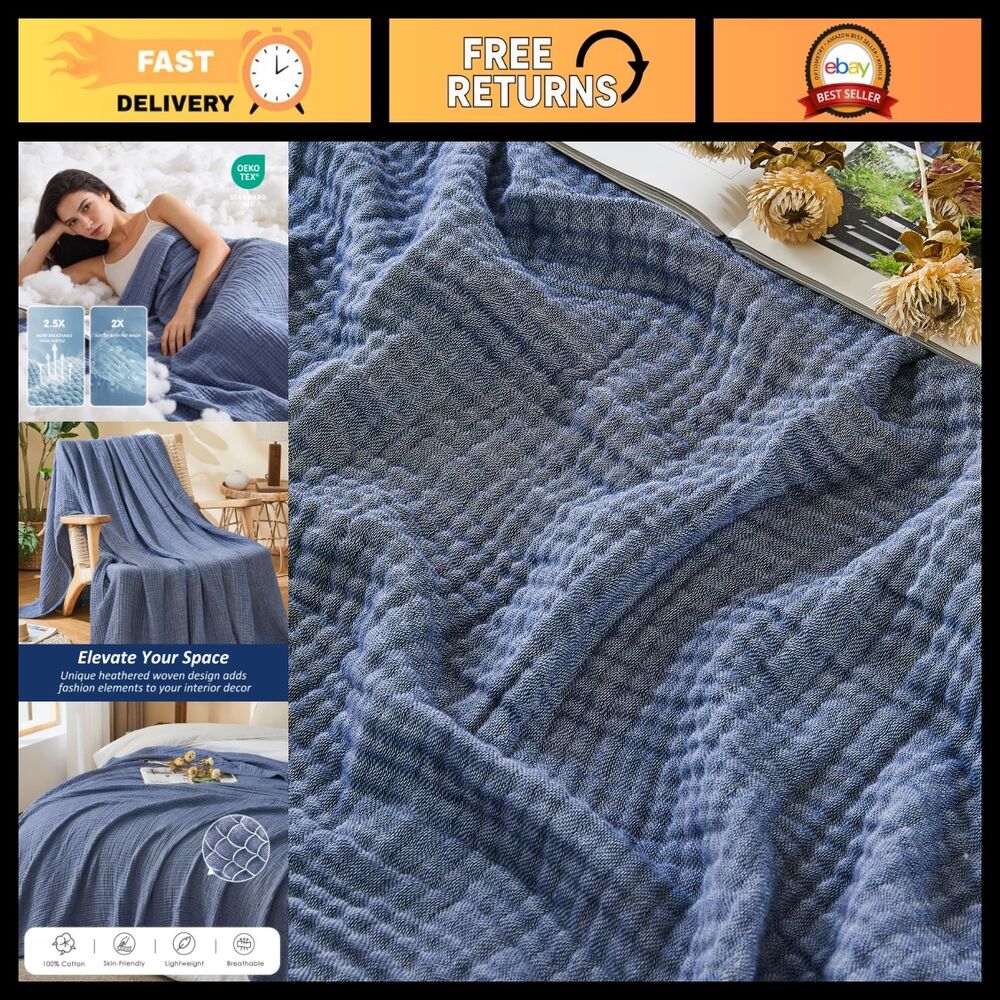 XL Muslin Cotton Blanket for Adults - Soft Heather Navy Throw 50"x70" Cozy Home